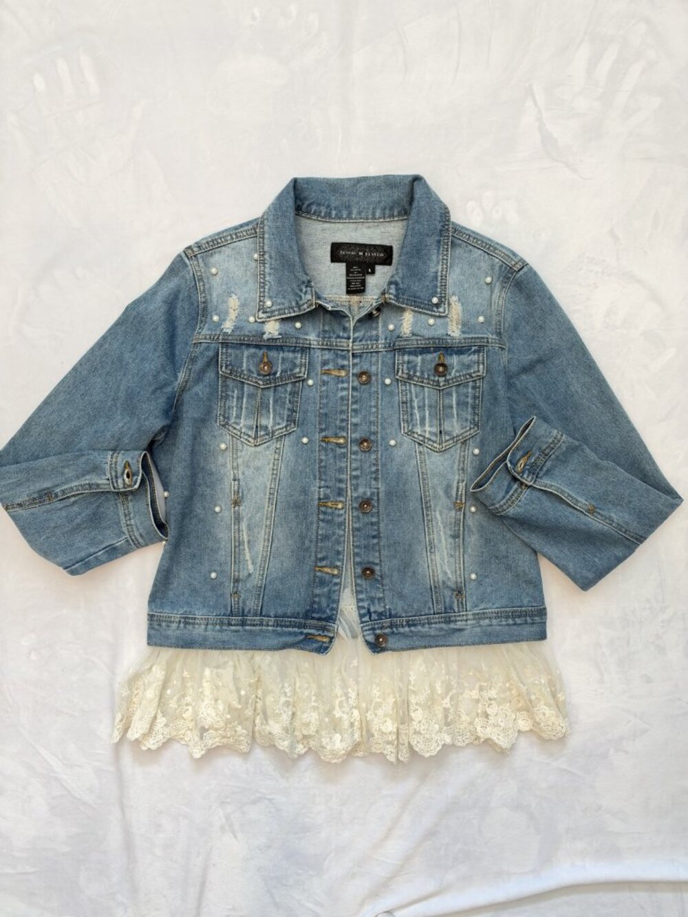 Live a Little Pearl Embellished Distressed Denim Jacket Lace Hem Boho Coquette L